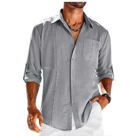 Casual Long Sleeve Shirt With Pocket Lace Polo Collar Solid Color Button Mens Clothing