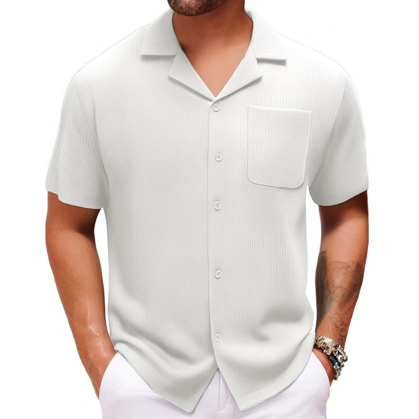 Cuban Collar Short Sleeve Shirt Vacation Style